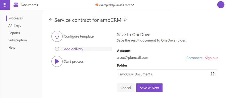 Export generated contracts to OneDrive using a Plumsail Documents' built-in OneDrive delivery