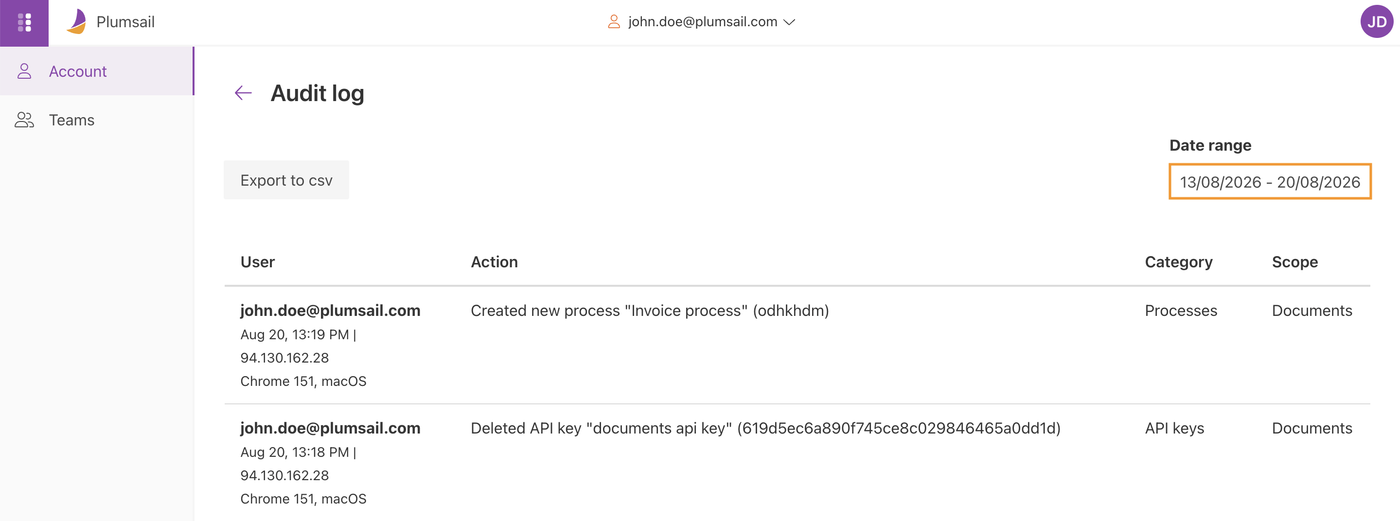 Audit log date range selector with the current day selected