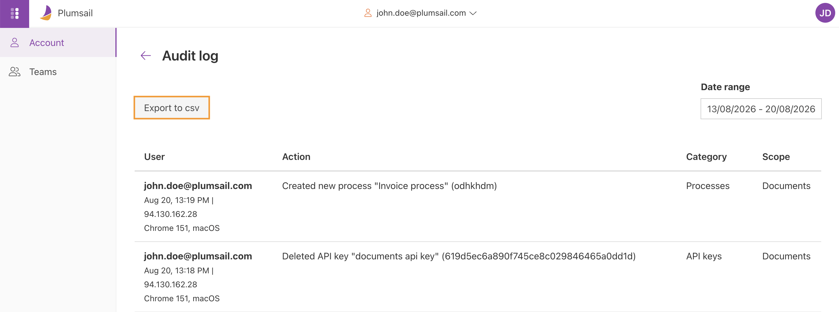 Audit log page with the Export to CSV option