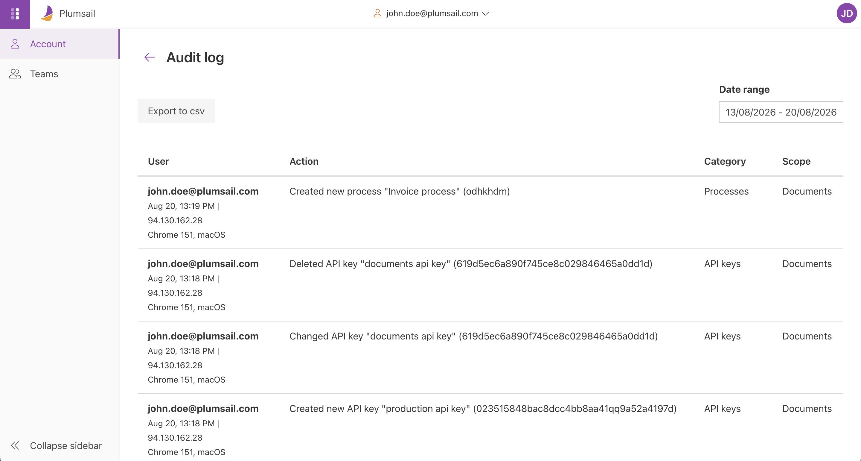 Audit log page showing recorded account events