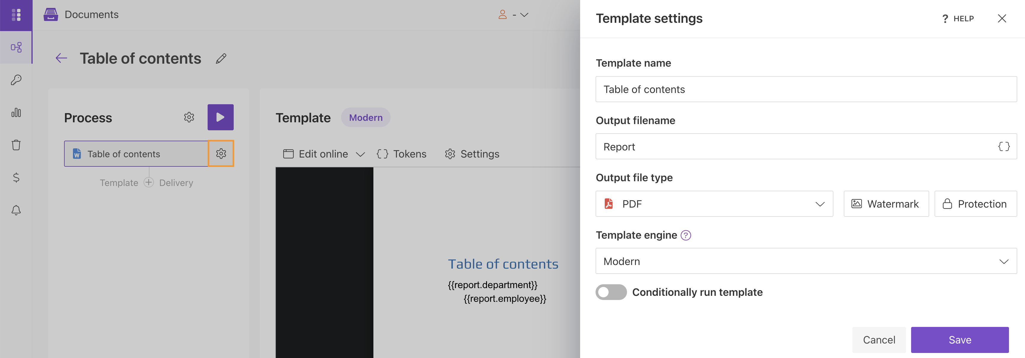 PDF output with the table of contents automatically updated from a Modern DOCX template