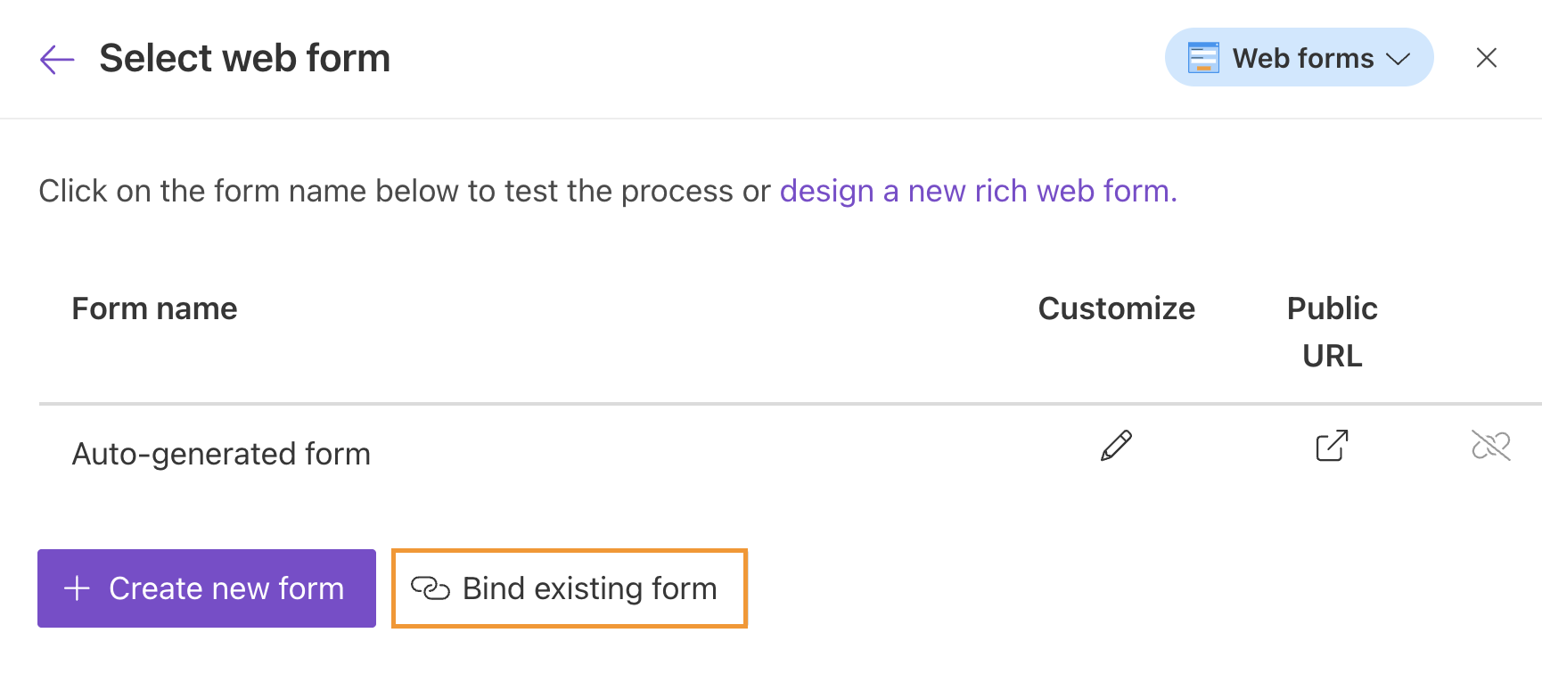 Bind existing form to process