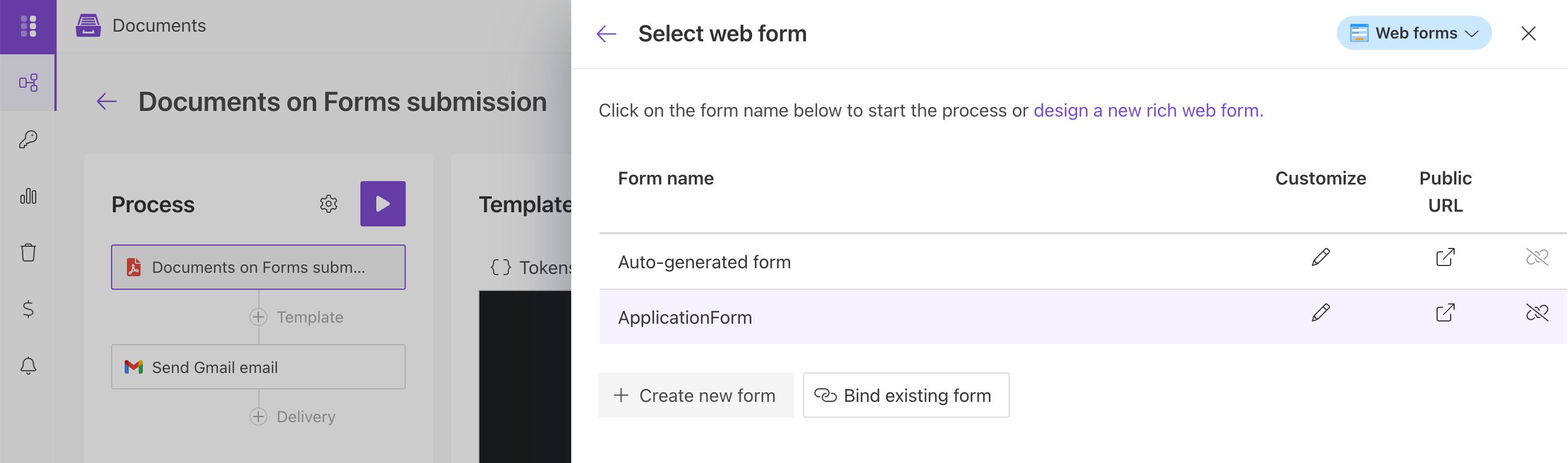 List of Plumsail Forms bound to a document generation process