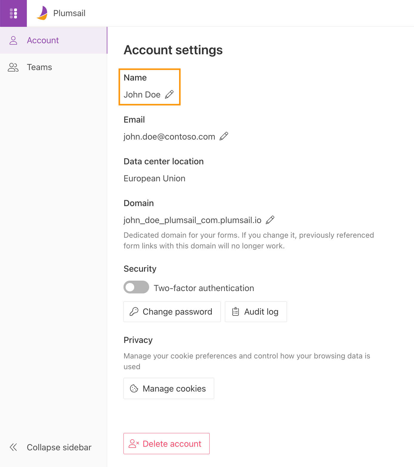 Change the account name in account settings