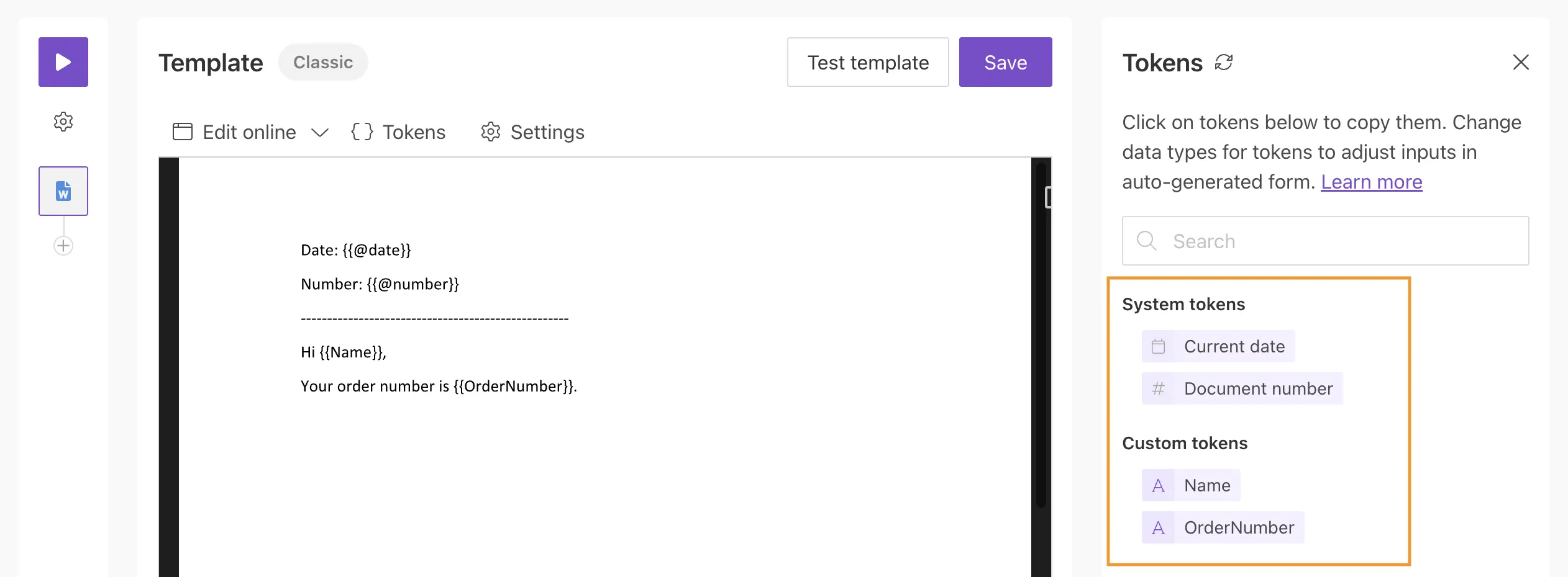 Classic tokens panel example