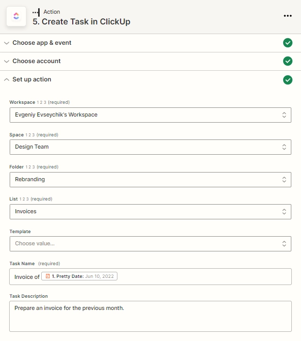 Create task setup