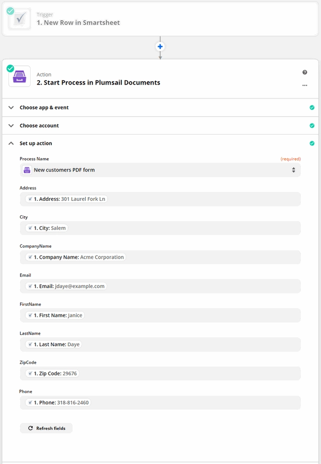 Completed Start process action in Zapier