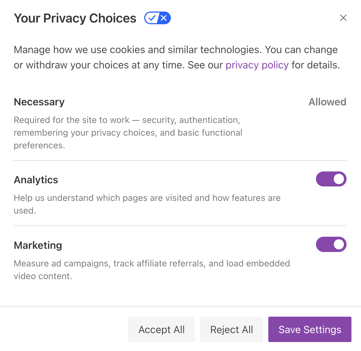 Manage necessary, analytics, and marketing cookie preferences