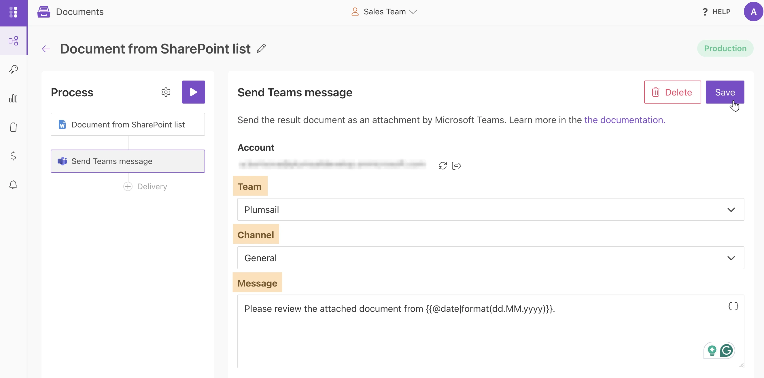 Configure delivery settings for SharePoint list process