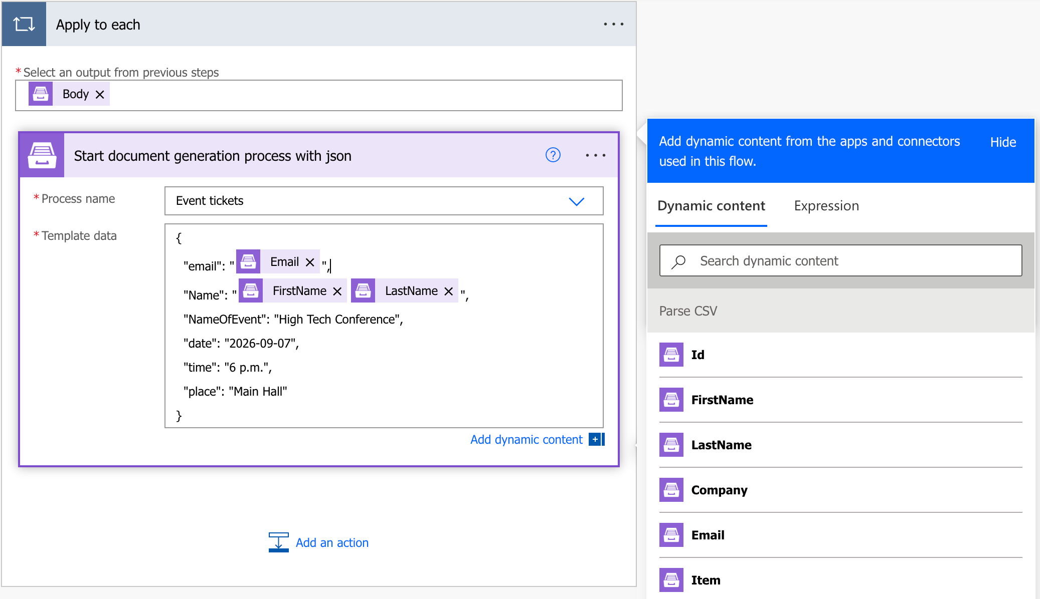 Configure document generation process with process name and template data