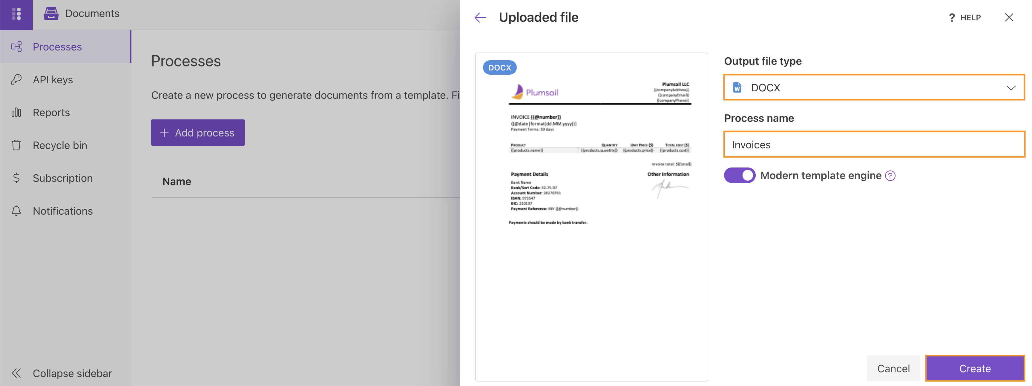 Configure process name and DOCX output file type