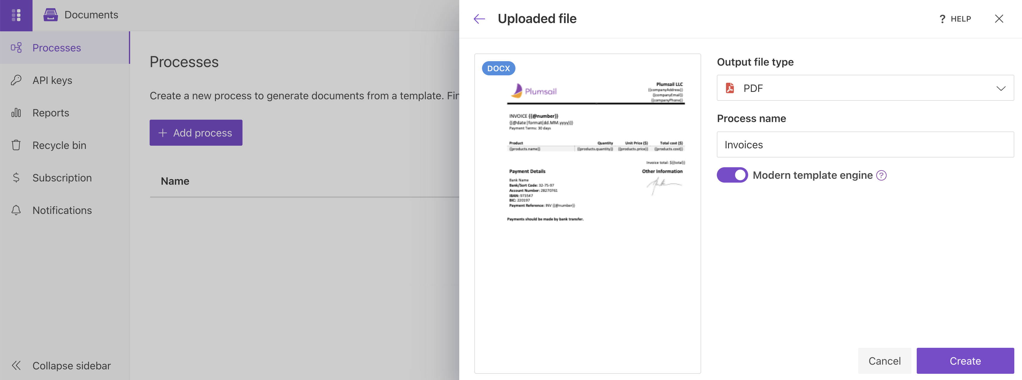 Configure process name and PDF output file type
