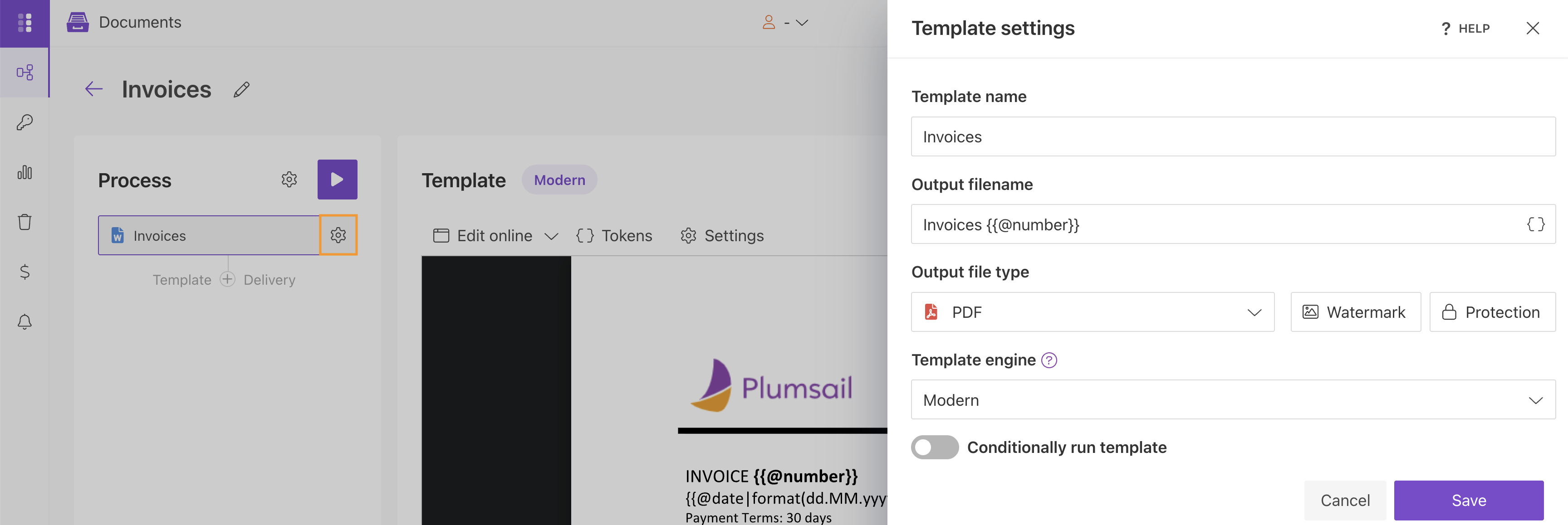 Settings for configuring a DOCX template process