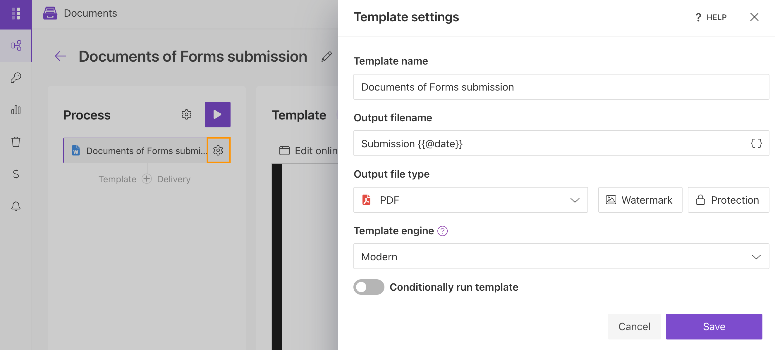 Configure the DOCX template output and select PDF format