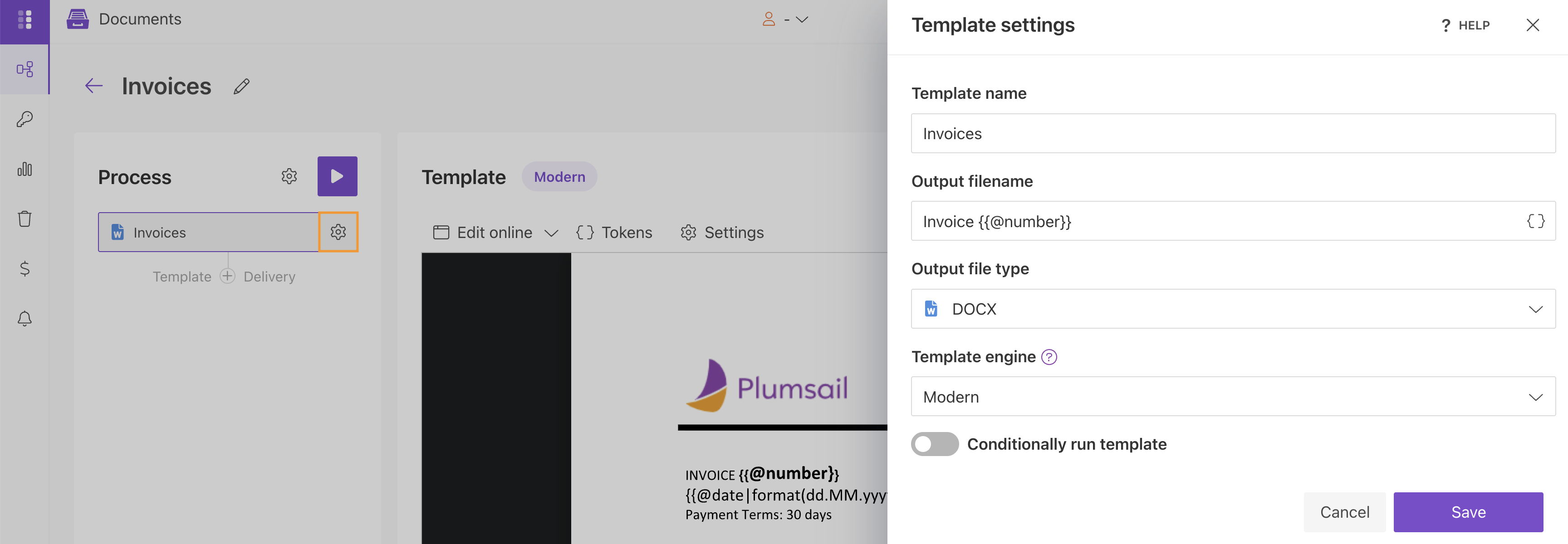 Settings for configuring a DOCX template process