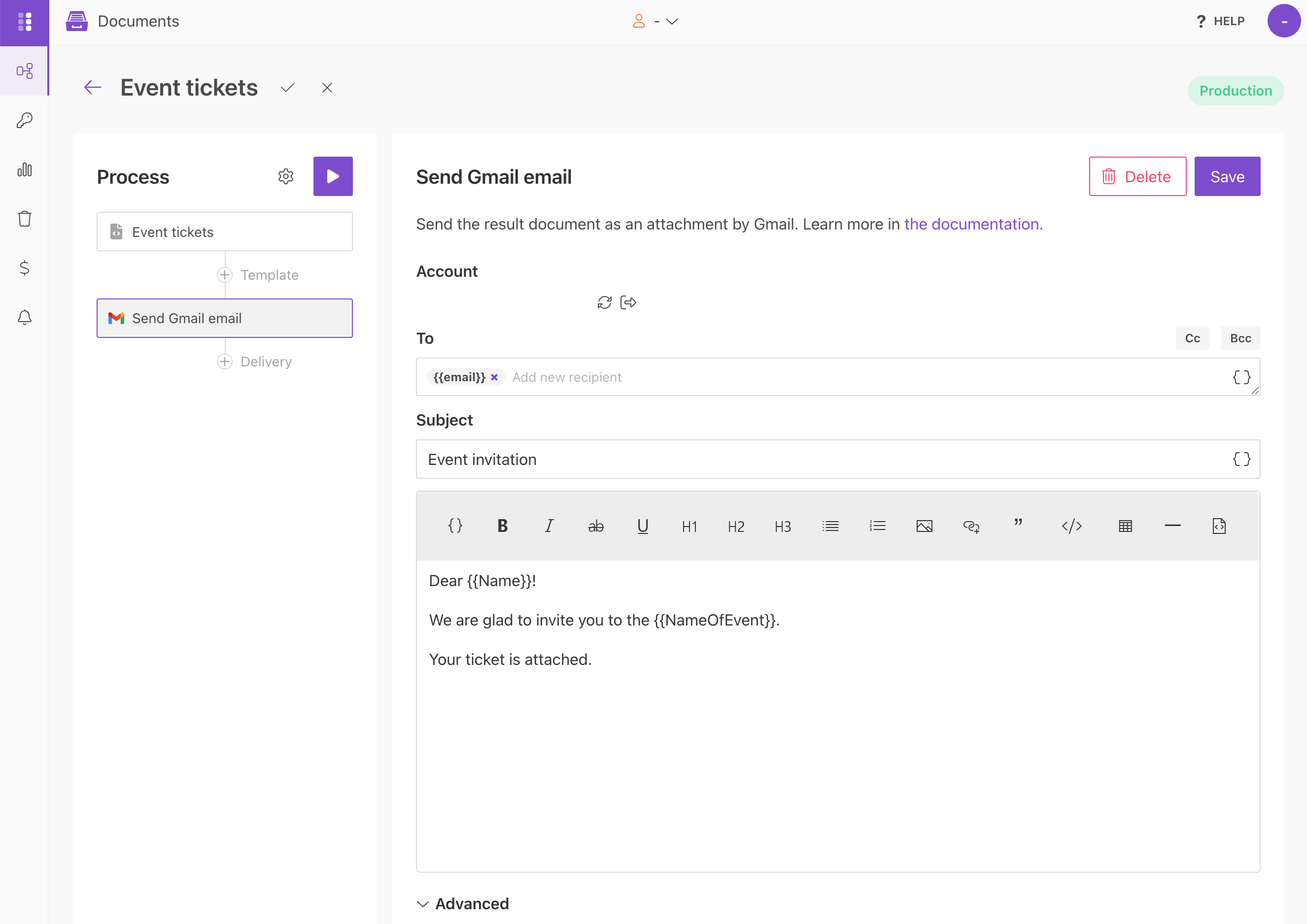 Configure Gmail delivery for generated PDF invitations