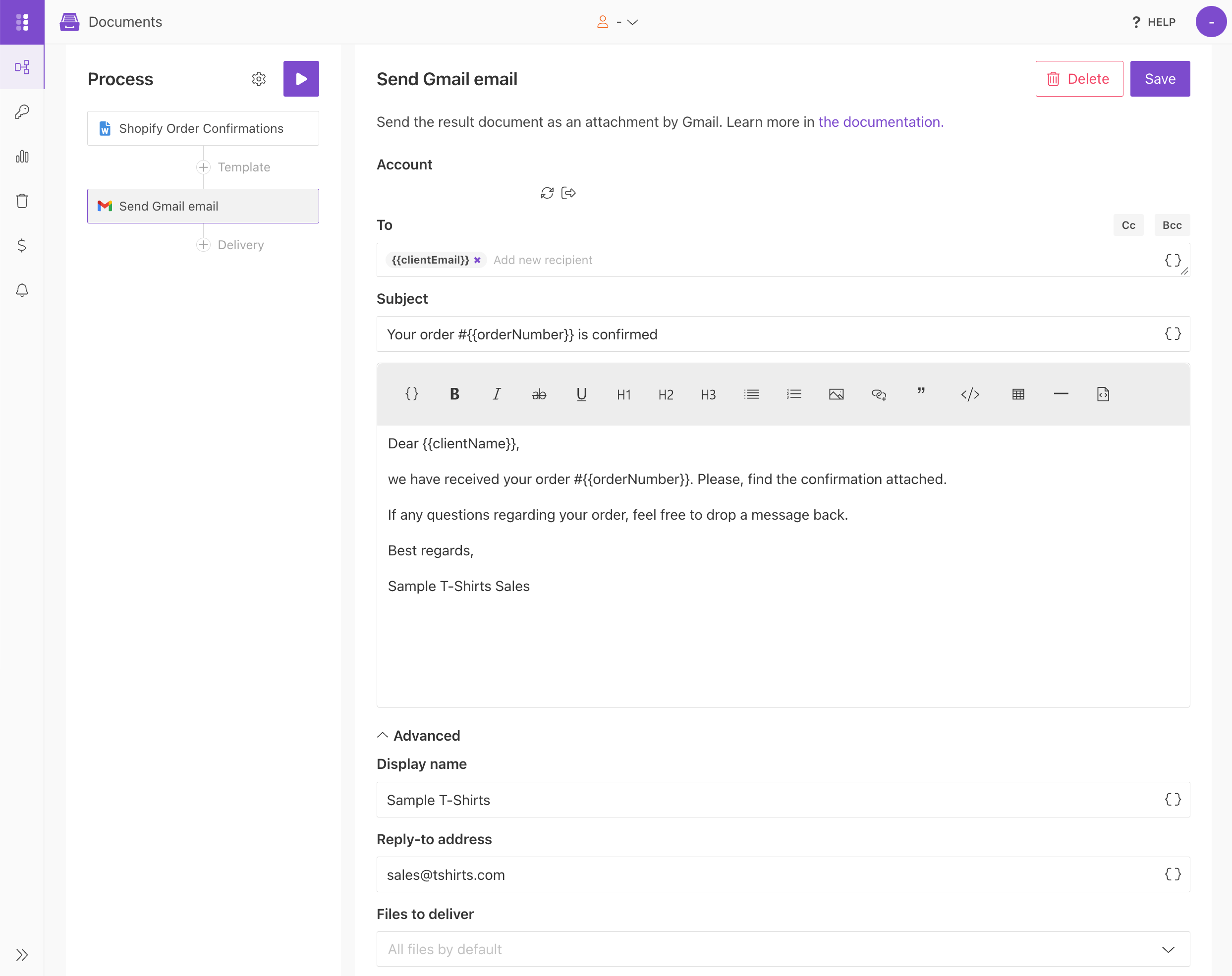 Gmail delivery settings with the recipient email address configured using a dynamic token