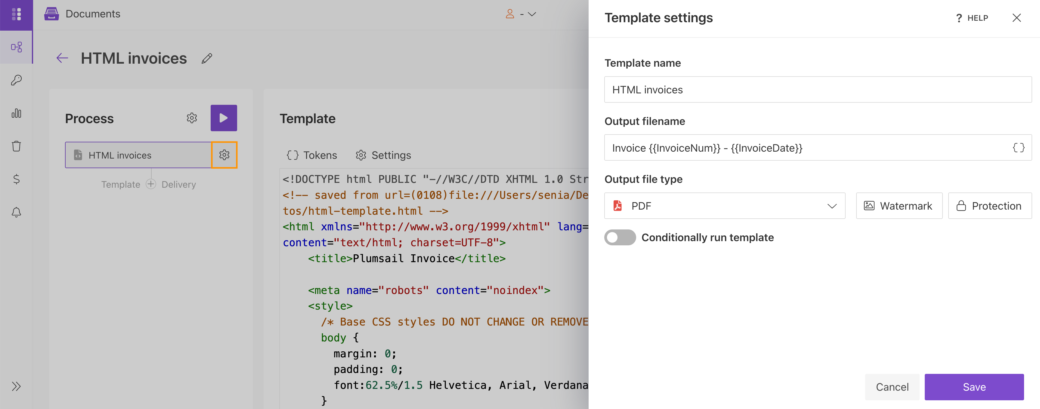 Configure the output filename and PDF settings for an HTML template