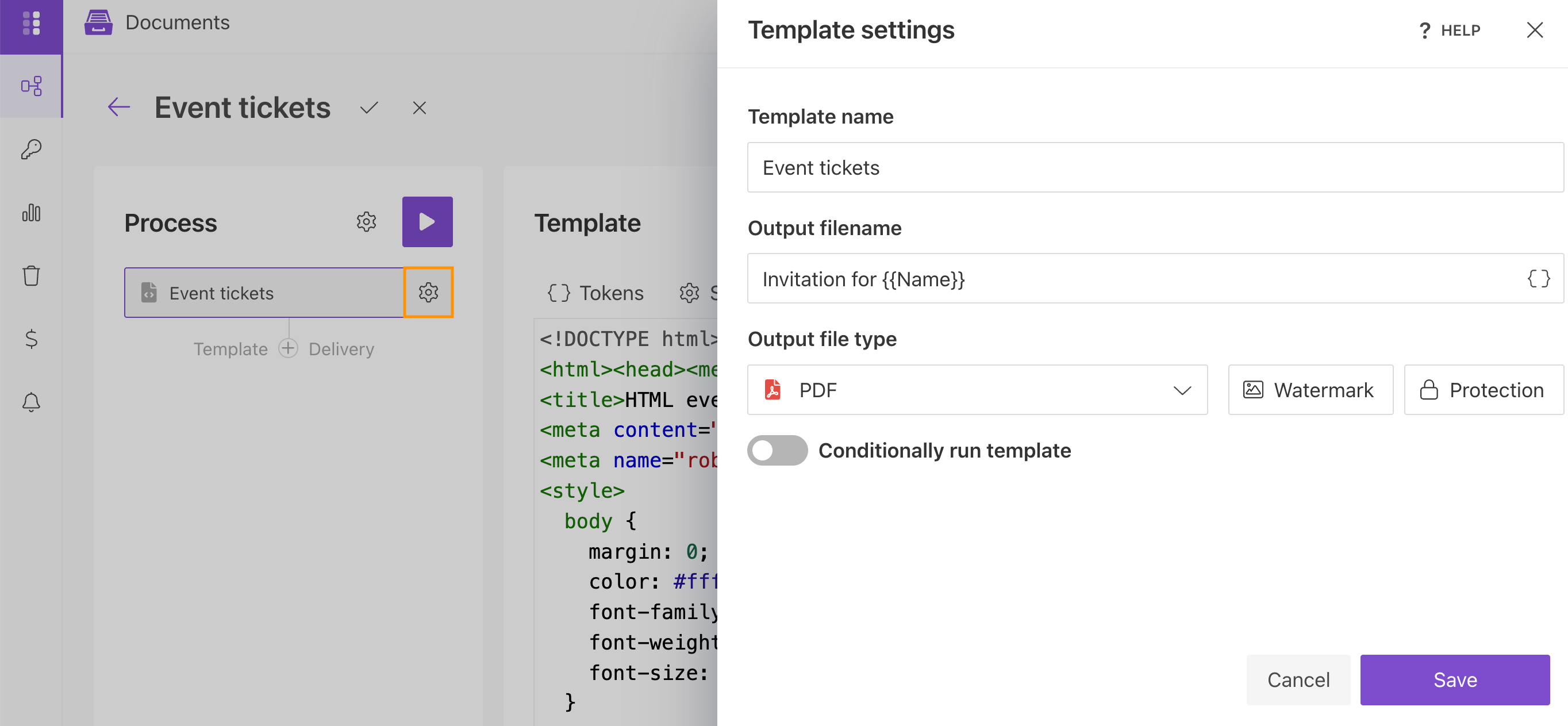 Configure PDF output and result file name for HTML template