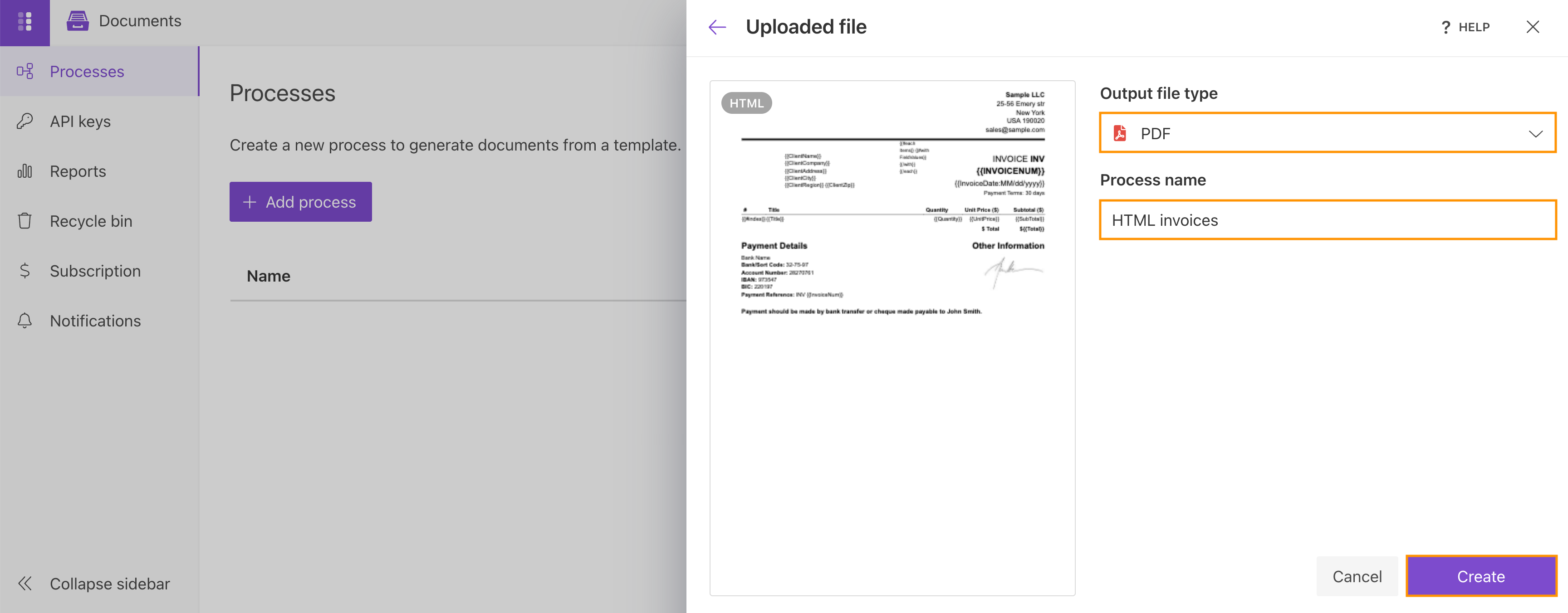Configure the HTML template process name and PDF output format