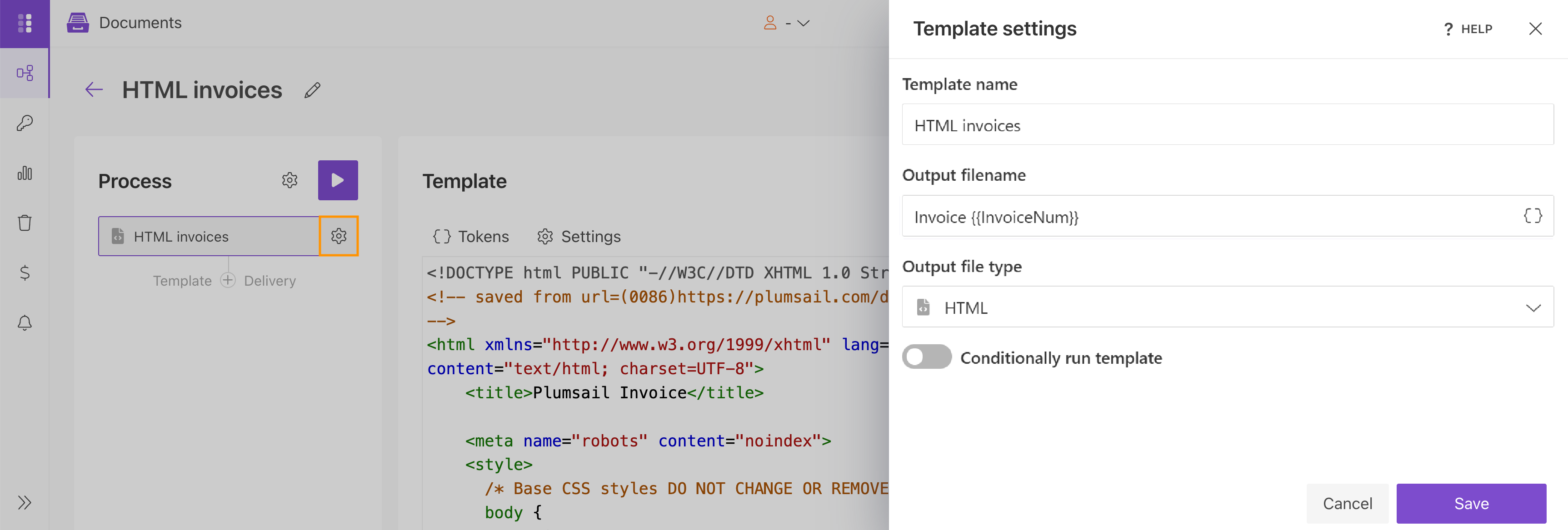 Template settings with a personalized filename and HTML output file type