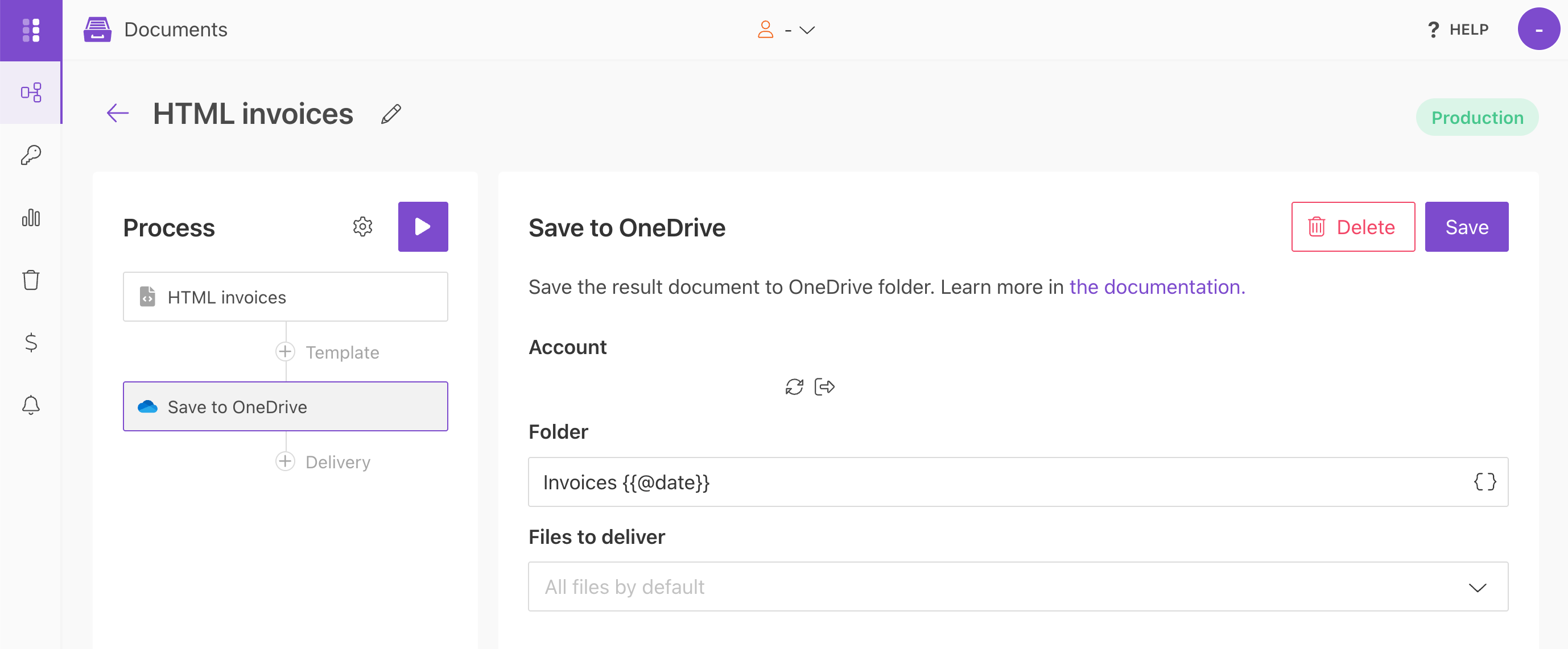 Configure OneDrive delivery for an HTML template process