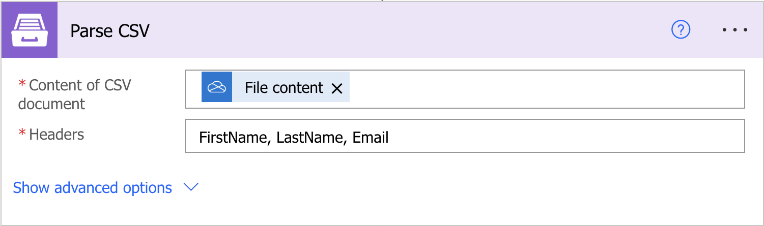 Configure Parse CSV action with CSV content and headers