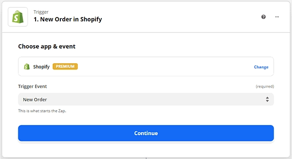 Shopify New Order selected as the trigger event in Zapier