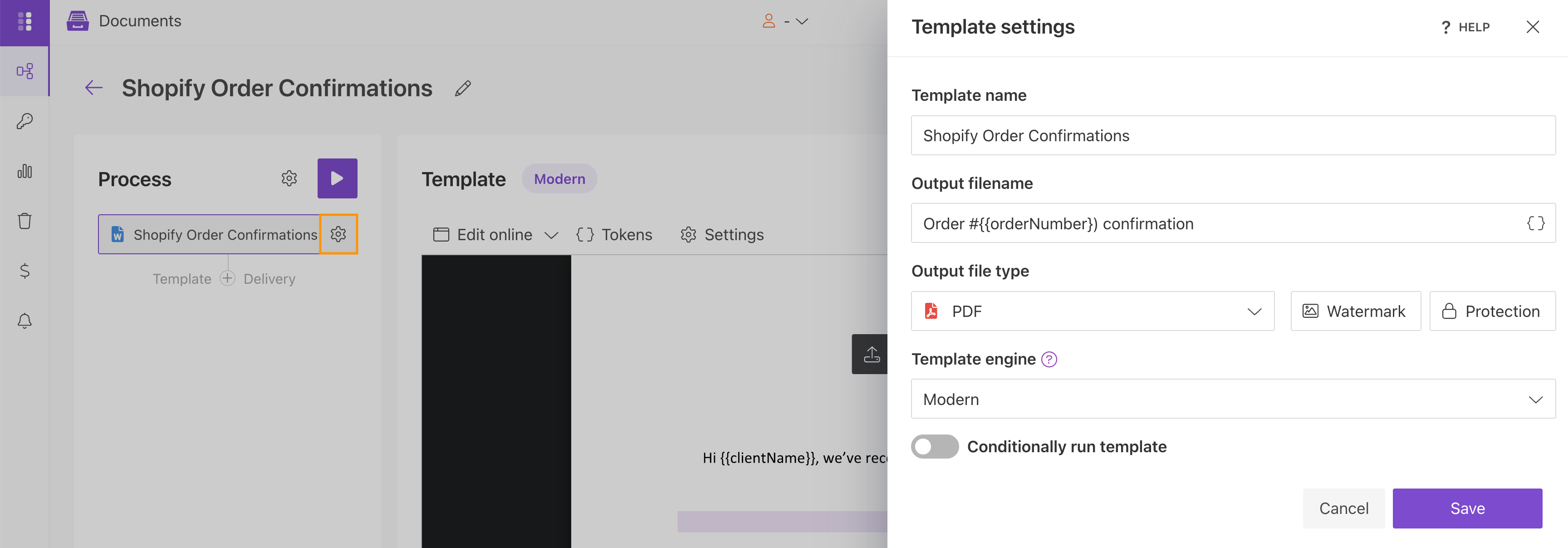Order confirmation template settings with the output filename and PDF format configured