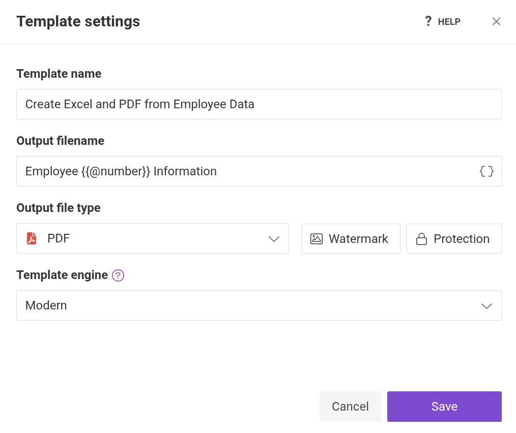 Process settings including output file name and PDF options