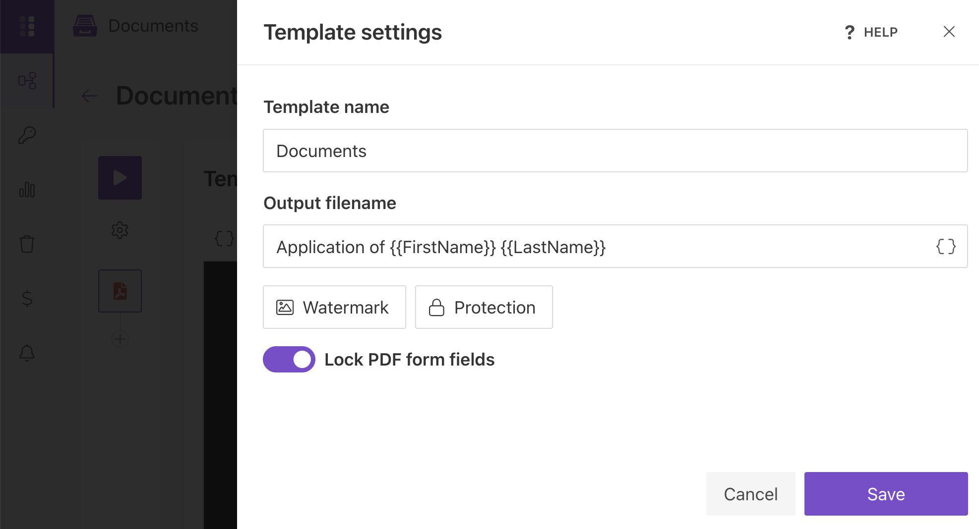 Template settings for output file name and PDF form options