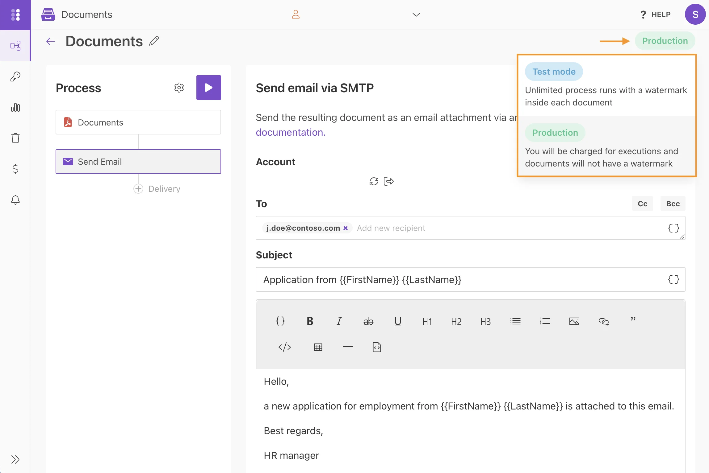Template mode settings with Test and Production options