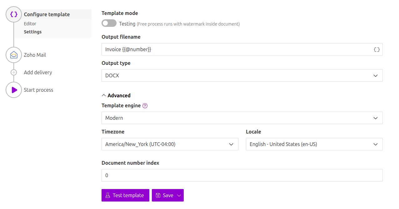 Configuration settings for the DOCX template process
