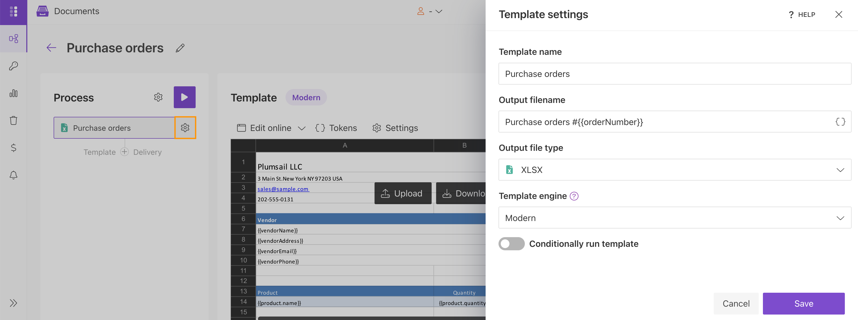 Configure settings for an XLSX template process