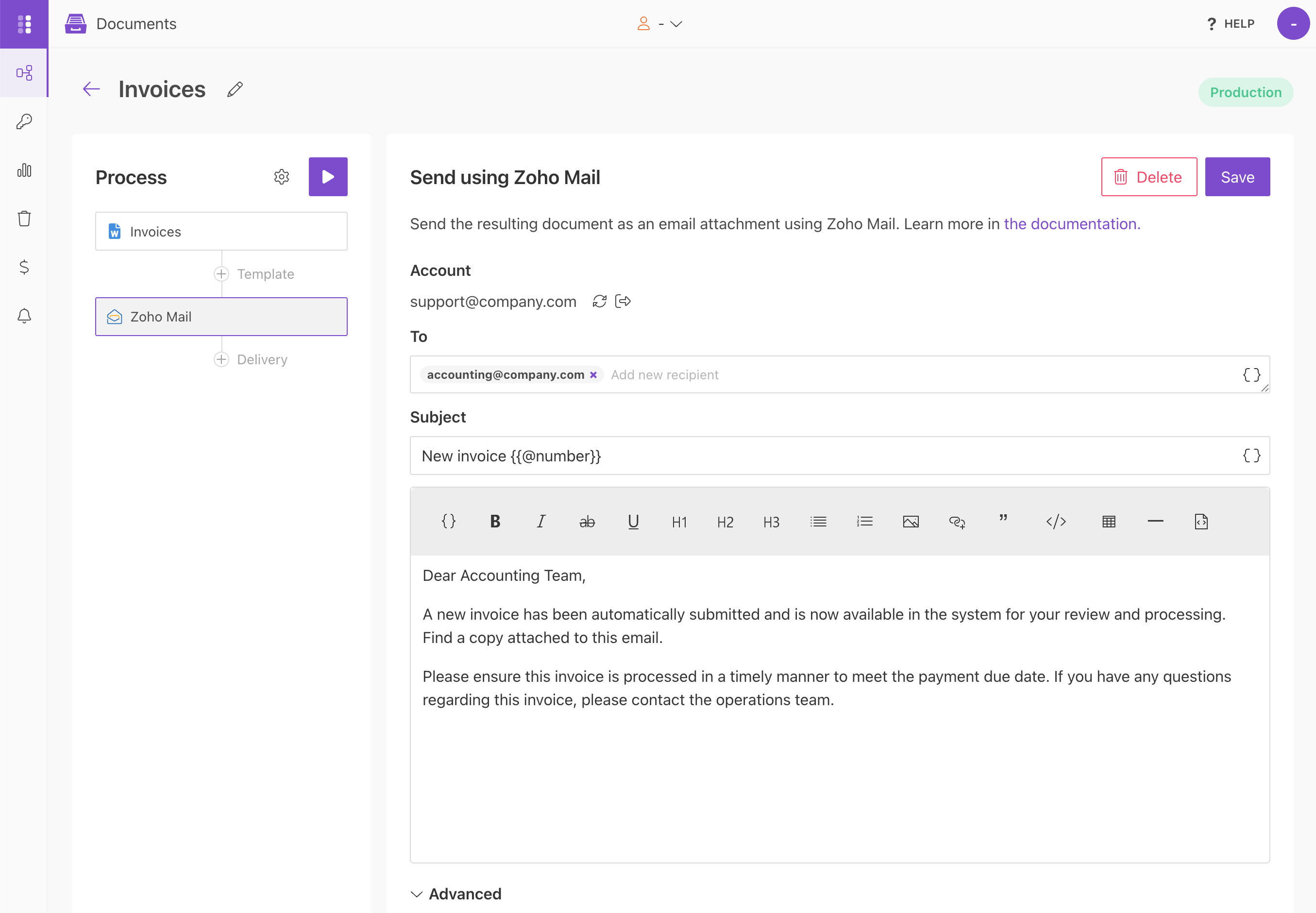 Zoho Mail delivery configuration for generated DOCX documents
