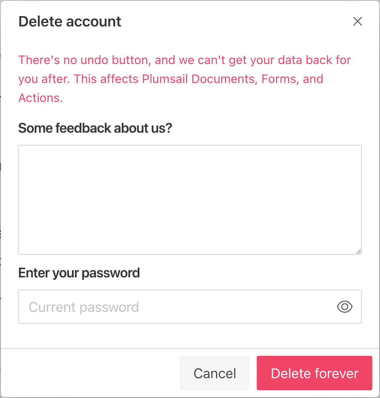 Confirm the deletion of the Plumsail account