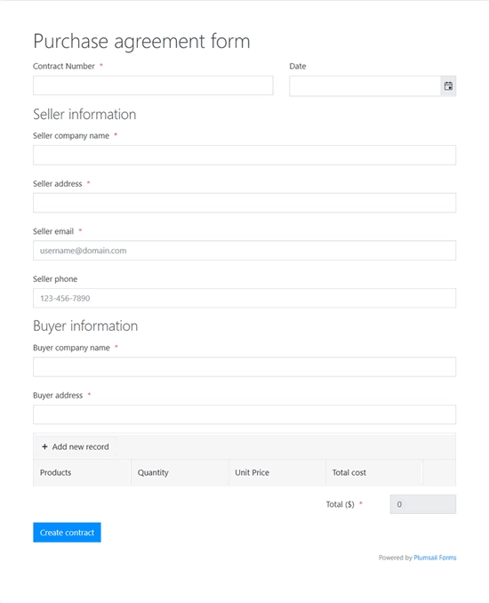 web form for sales contracts