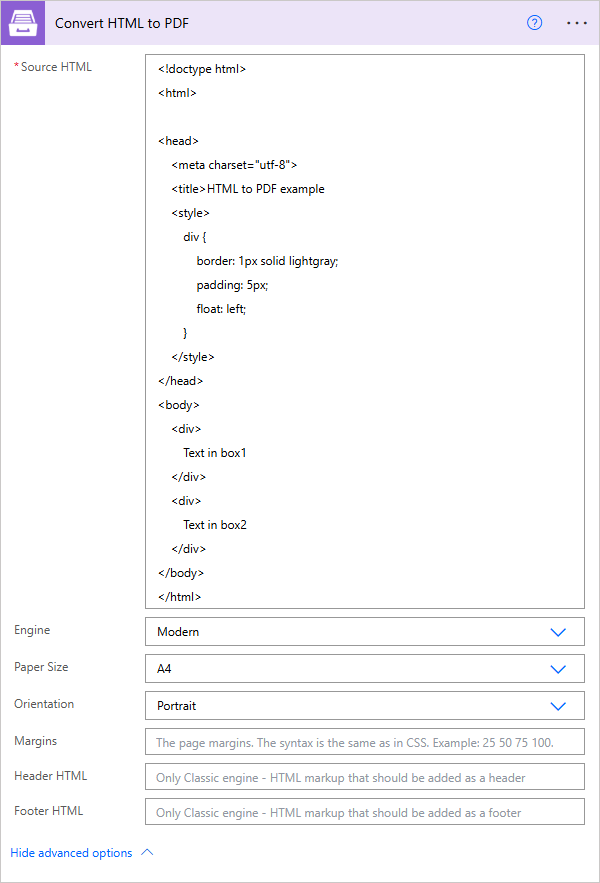 Convert HTML document to PDF Example