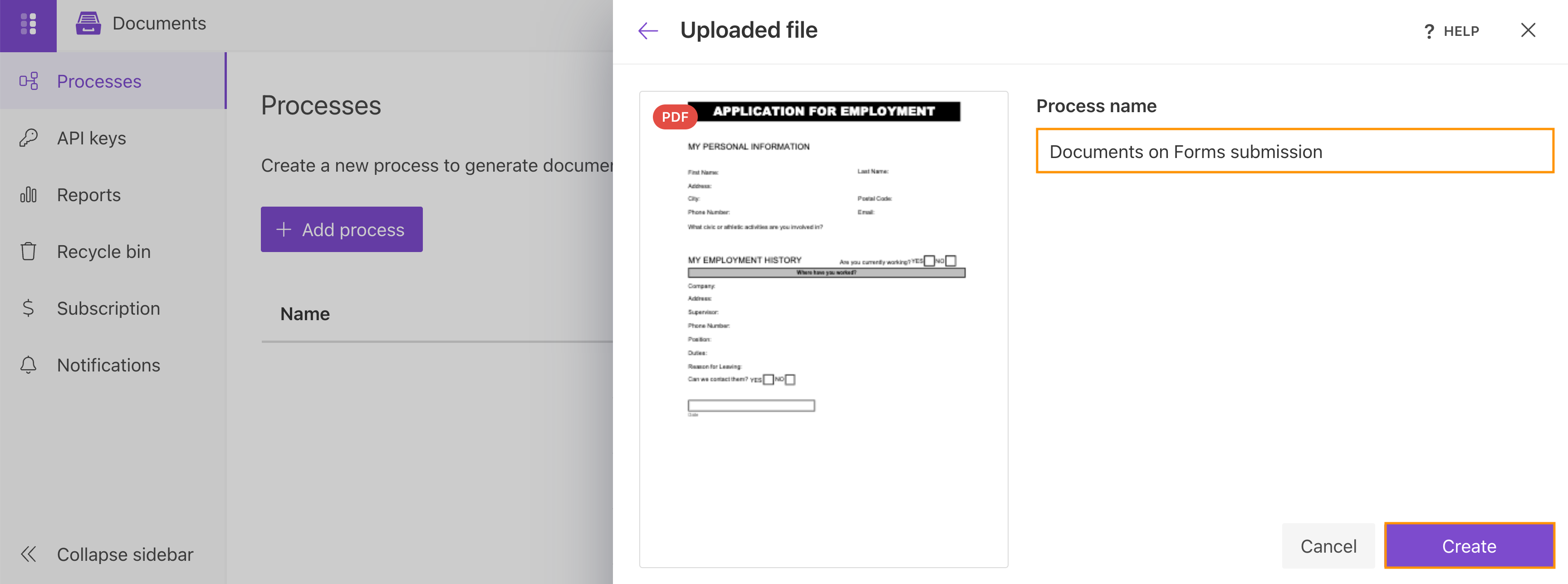 Selecting PDF as the template type in a blank Plumsail Documents process