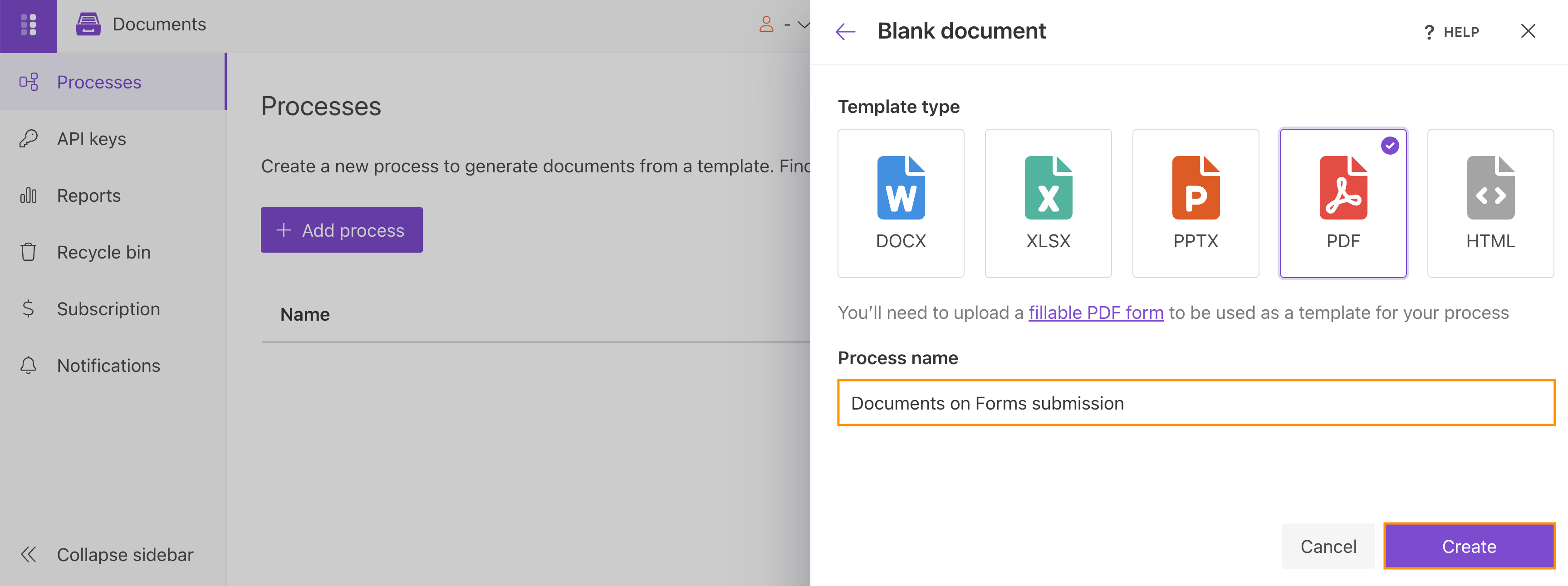 Selecting PDF as the template type in a blank Plumsail Documents process