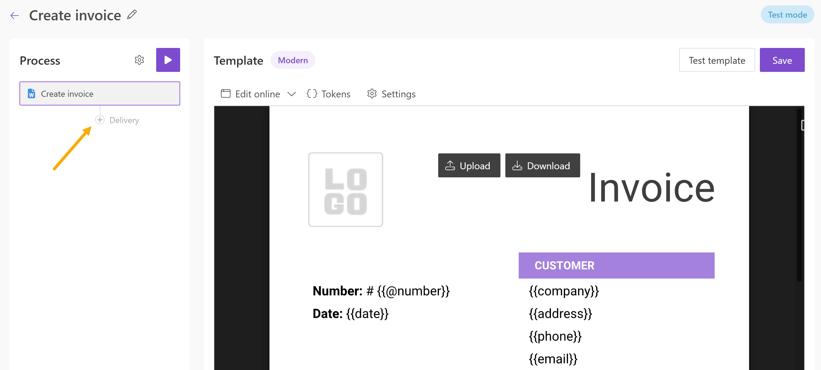 Plus icon next to Delivery in the Process panel
