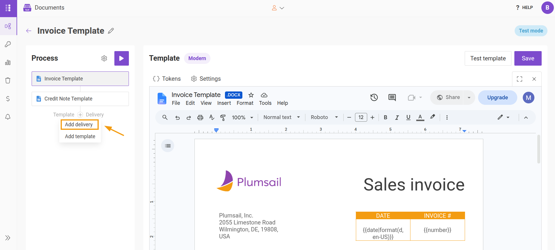Plus icon next to Delivery in the Process panel