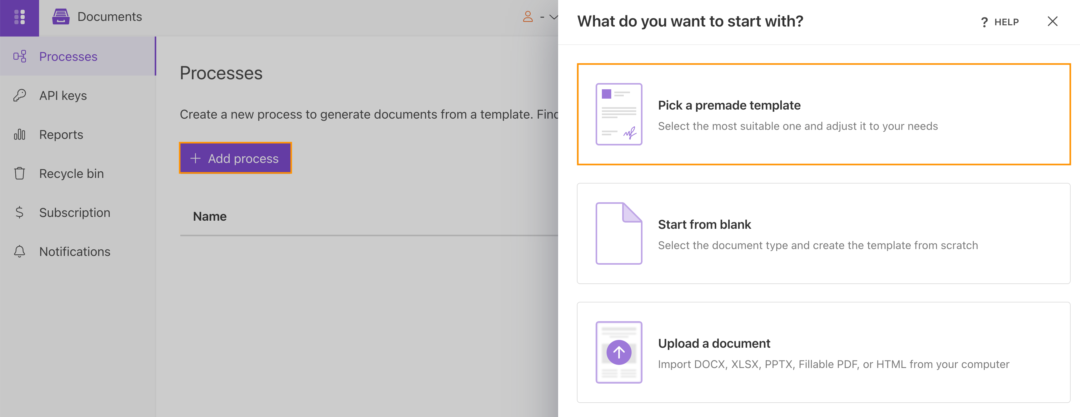 Start a document generation process and pick a premade template in Plumsail Documents