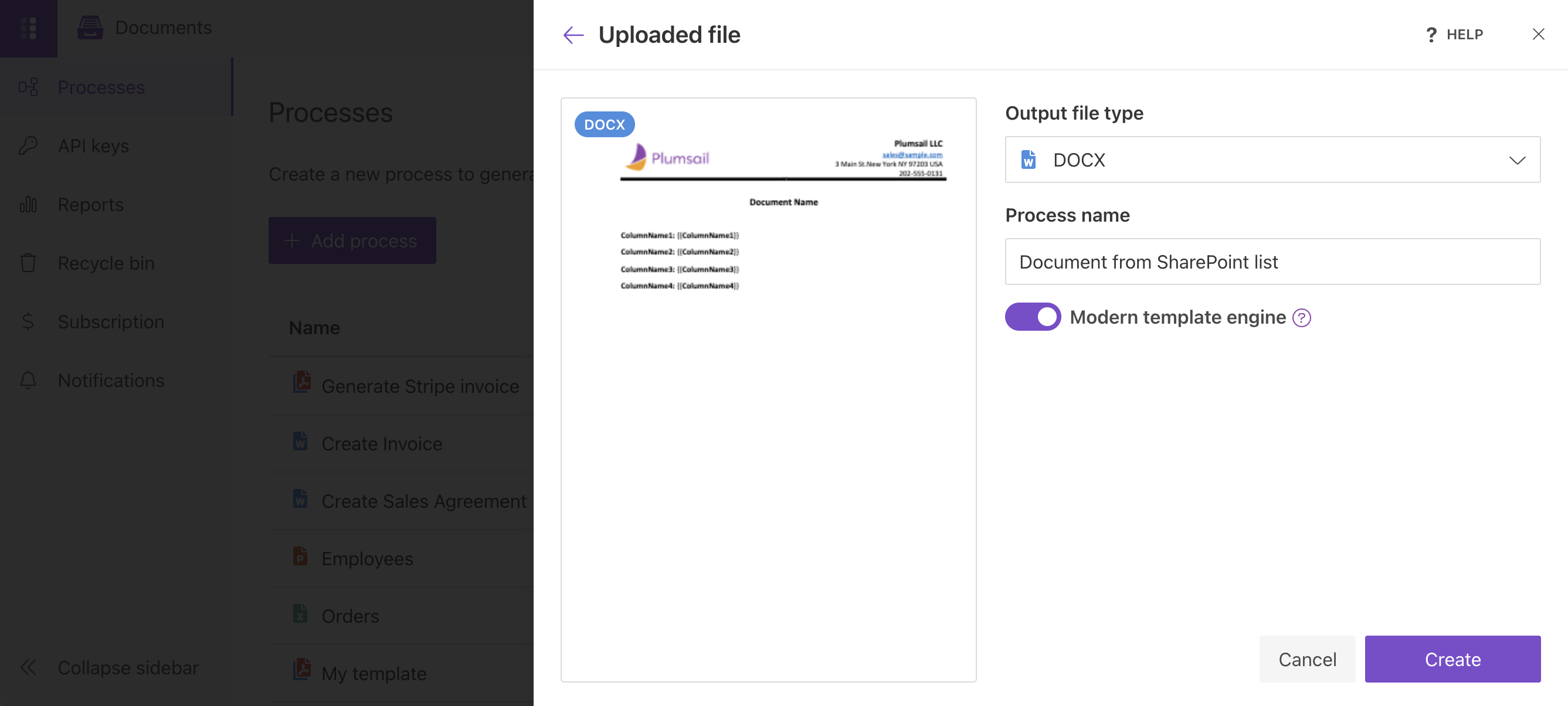 Create DOCX process for SharePoint list