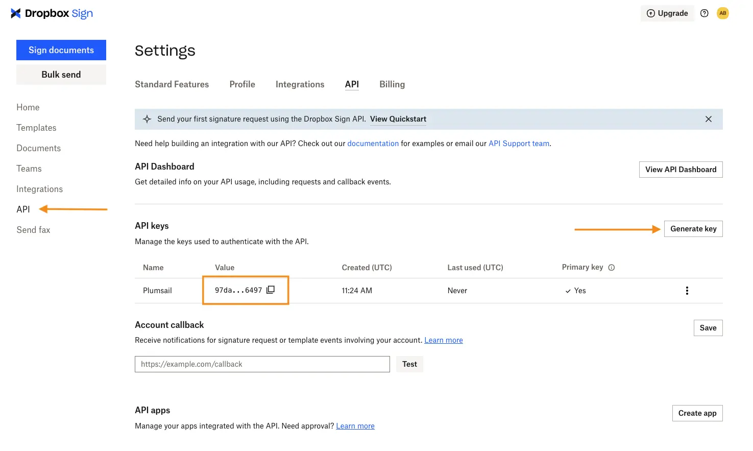 Create Dropbox Sign API key