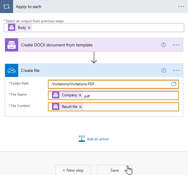 Create File Action, Save