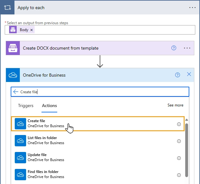 Create file action