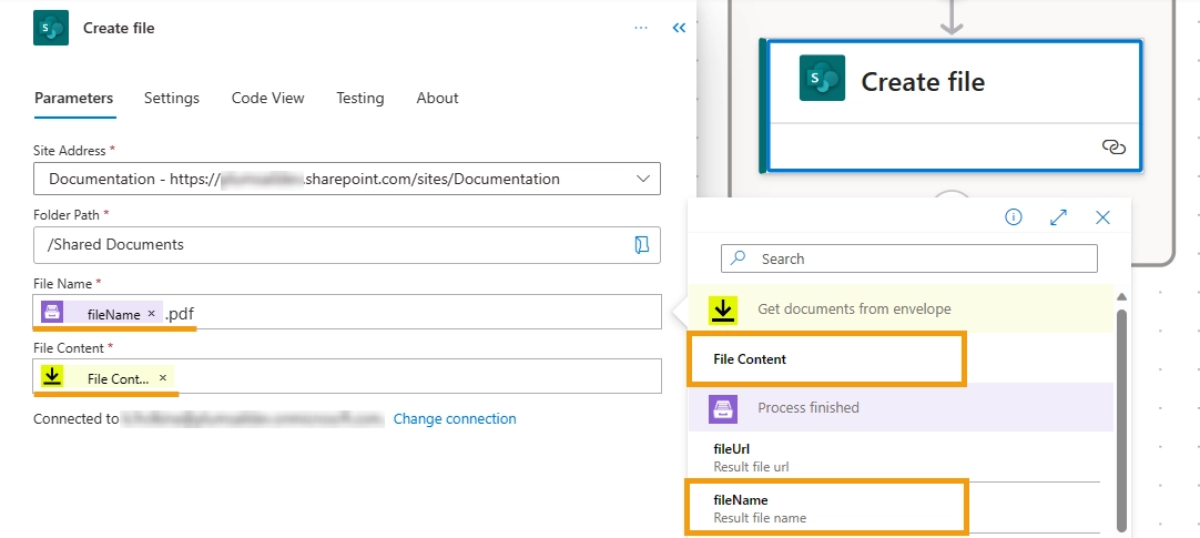 SharePoint action - Create file from DocuSign envelope