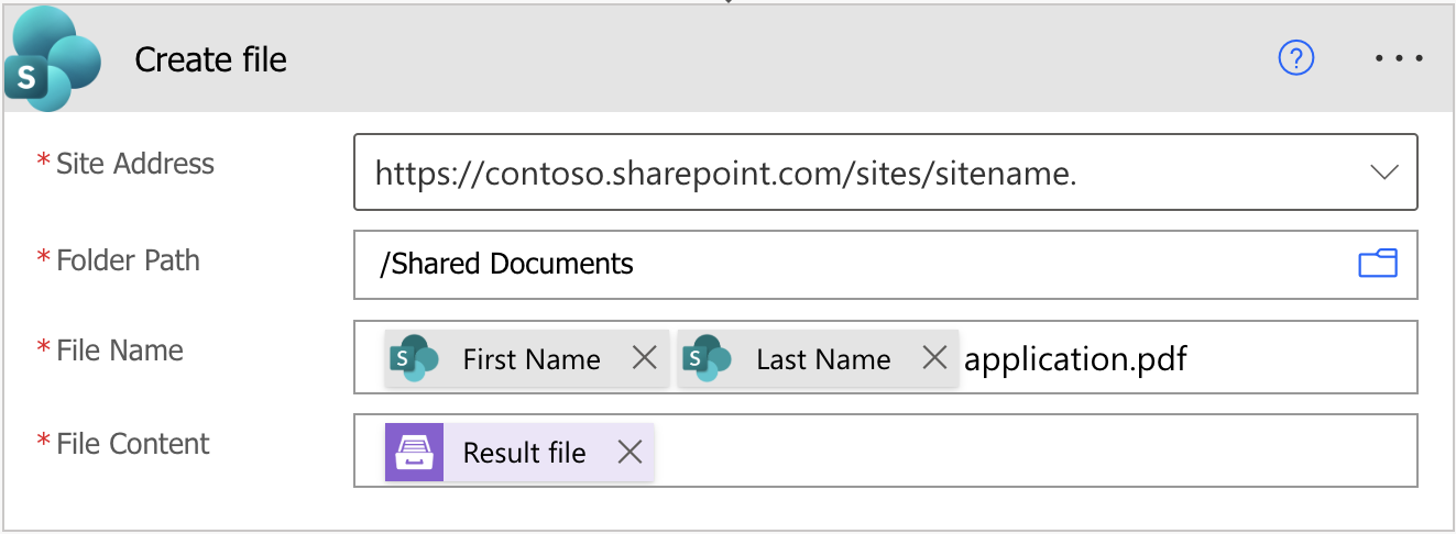 Create file action saving the generated PDF to a SharePoint document library