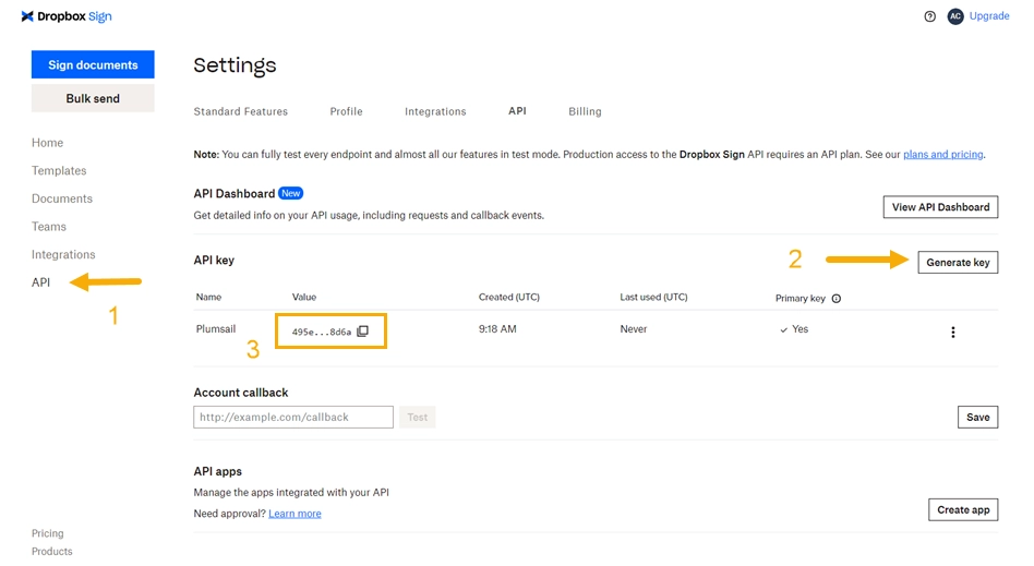 create Dropbox Sign API key